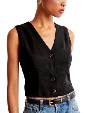 Abercrombie & Fitch Linen Black Button-Front Tailored Vest